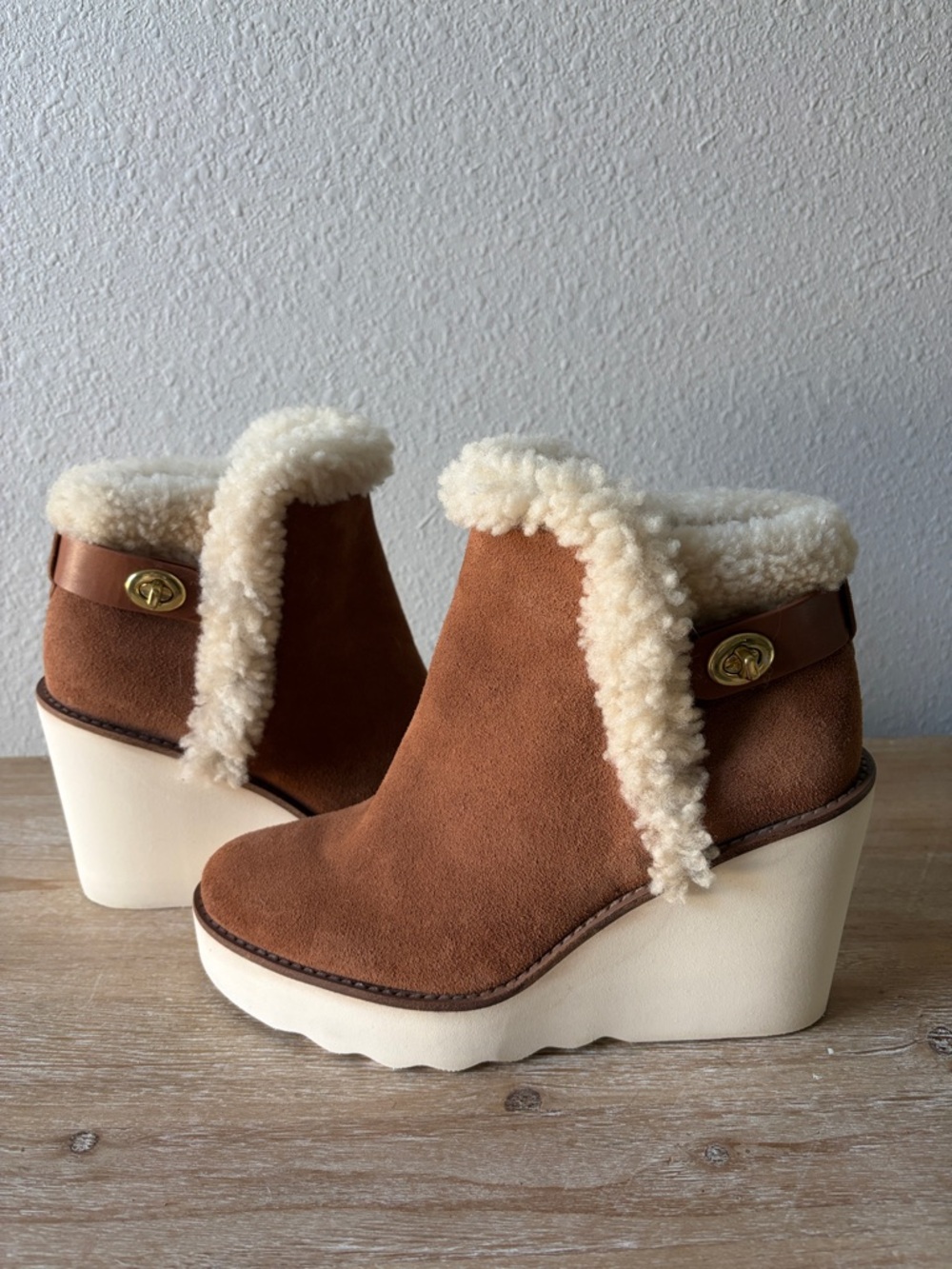 COACH Kingston Tan Suede Wedge Boot with Shearling Trim - Picture 5 of 13